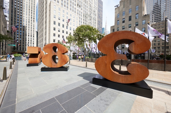 Installation view of&amp;nbsp;SEVEN, EIGHT, and THREE, from&amp;nbsp;ONE Through ZERO (The Ten Numbers) (1980&amp;ndash;2003), Cor-Ten steel, Rockefeller Center, New York, 2023. Photo: Tom Powel Imaging; Artwork: &amp;copy; The Robert Indiana Legacy Initiative/Artists Rights Society (ARS), NY