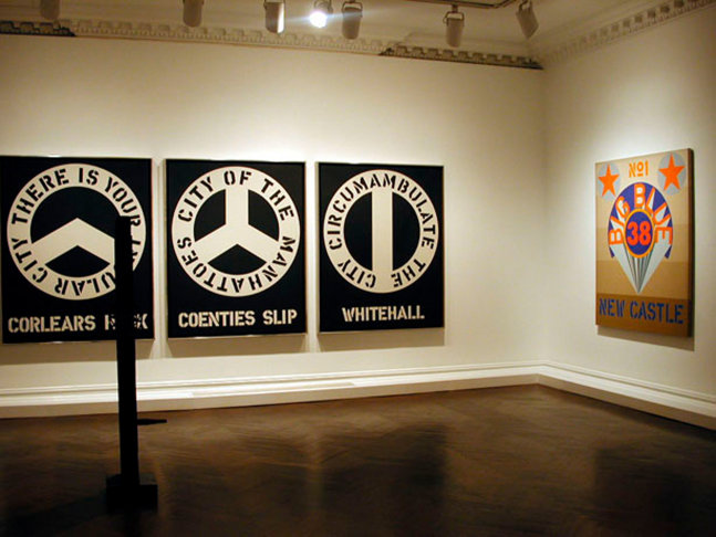 Installation view of Robert Indiana: Letters, Words and Numbers, C&amp;amp;M Arts, New York, February 13&amp;ndash;March 22, 2003. Left to right,&amp;nbsp;The Melville Triptych (1962), Ahab (1960&amp;ndash;62), and New Castle (1969)