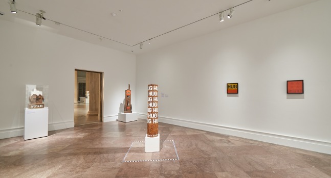 Installation view of&amp;nbsp;Robert Indiana: A Sculpture Retrospective, Albright-Knox Art Gallery, Buffalo, June 16&amp;ndash;September 23, 2018. Left to right,&amp;nbsp;Star&amp;nbsp;(1999),&amp;nbsp;Eat&amp;nbsp;(1962, cast 1991),&amp;nbsp;Column Hug&amp;nbsp;(1964), Hug (1962), and&amp;nbsp;4-Star Love (1961). Photo: Tom Powel Imaging