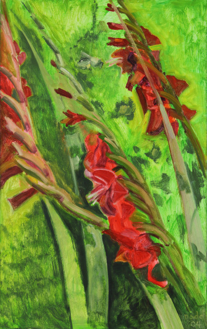 Lois Dodd, Red Gladioli,&amp;nbsp;2004, oil on Masonite, 16 x 10 inches