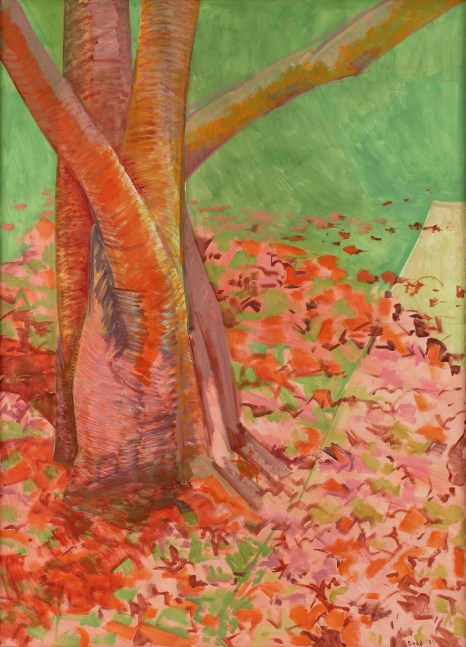 Lois Dodd, Red Trunks, Red Leaves, 1981, oil on linen, 50 x 36 inches