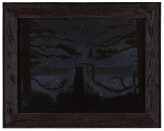 Painting of a lone bear standing on its hind legs at night in the forest, with a starry sky in the background