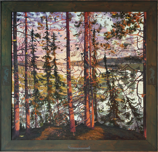 Painting of a surreal landscape of a menagerie of birds flying through a forest at sunset, with wetlands in the background