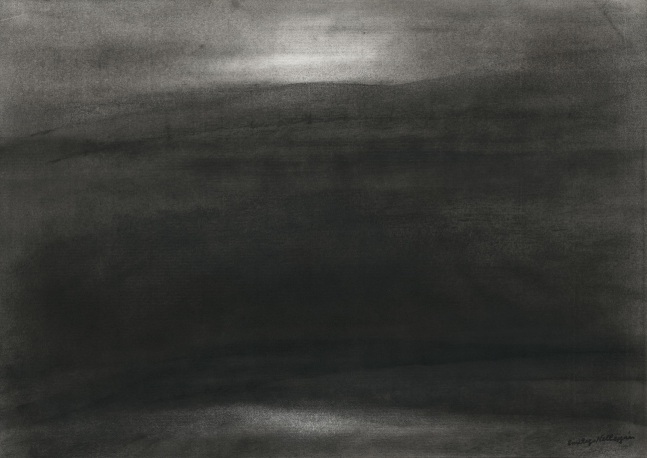 Charcoal landscape drawing of the sky and ocean at dawn or dusk, with faint like coming through dark clouds and reflecting on the water below