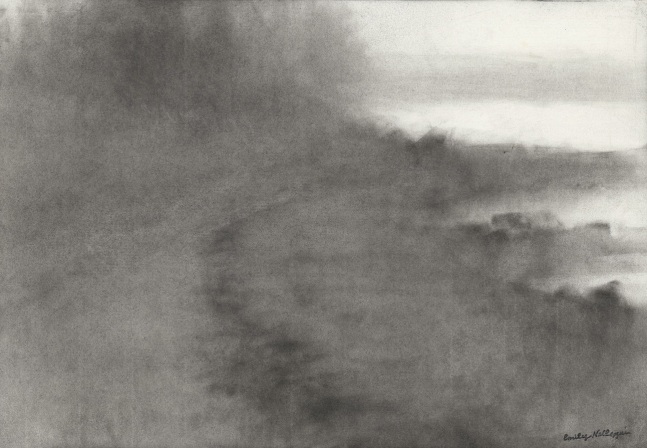 Charcoal landscape drawing of a beach and shoreline with the ocean in the background