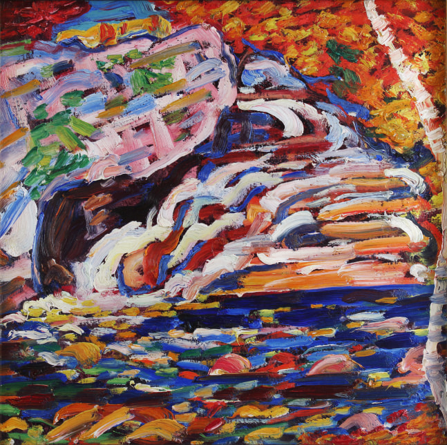 Abstracted, expressionist landscape painting in vibrant blue, red, orange, and green, of what appears to be clouds over a body of water, and a tree with autumn leaves