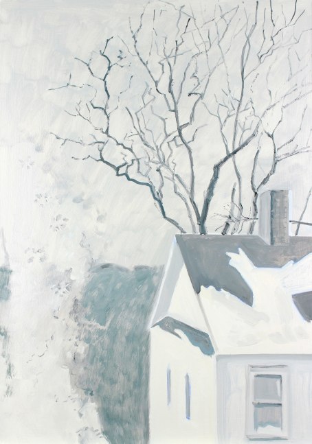 Painting of a white house with snow on the roof and windows and a leafless tree in the background