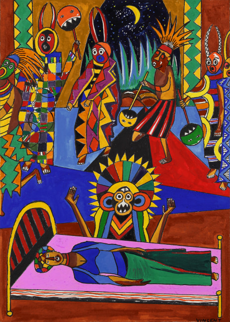 Drawing of a figure lying on a bed with eyes closed, surrounded by other figures in masks in an indoor scene with a night sky and crescent moon outside