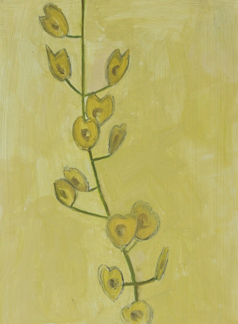 Painting of a stem of yellow-green seed pods on a yellow ground