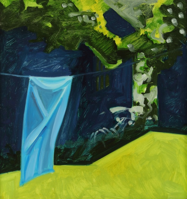 A painting of a blue towel hanging outdoors on a clothesline