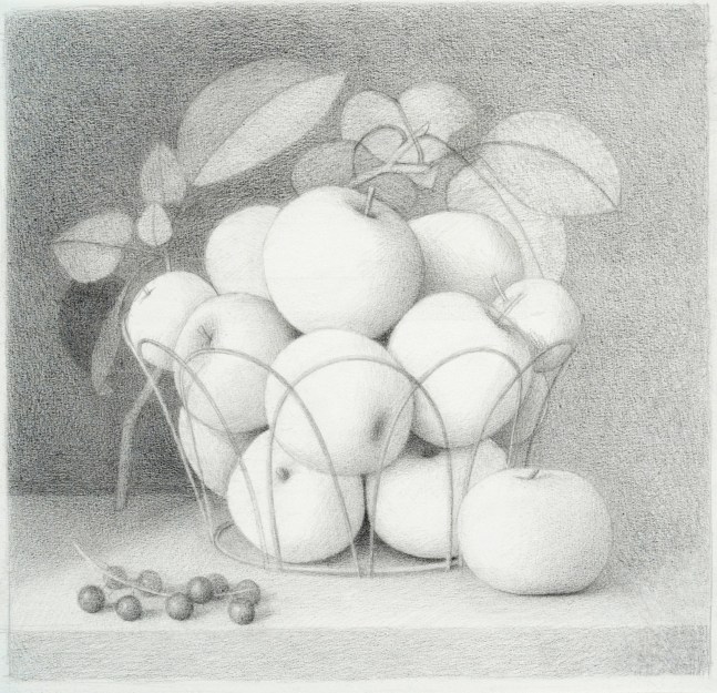 Graphite still life drawing of a wire basket filled with apples, leaves, and a stem of currants on a table