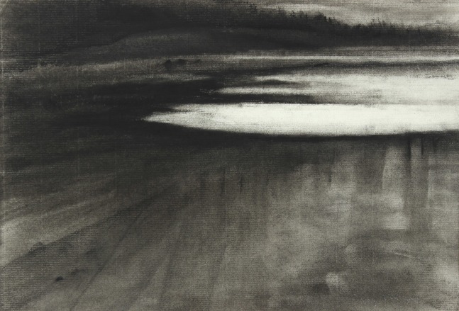 Charcoal landscape drawing of a dark shoreline meeting the sea