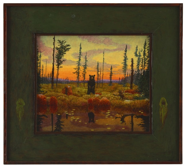 Painting of a bear standing on its hind legs in a clearing at sunset, with a pond in the foreground