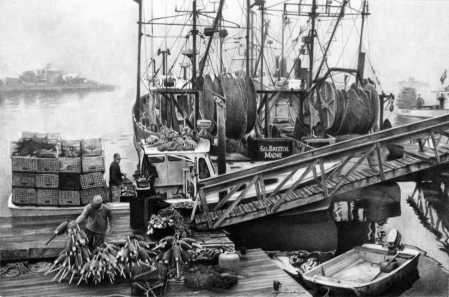 Realistic graphite drawing of workers at a wharf, unloading goods from a fishing boat