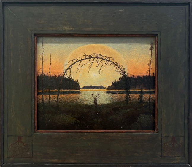 Tom Uttech, Noogise, 2025, oil on board, 13 x 15 inches, including artist&amp;#39;s hand painted frame