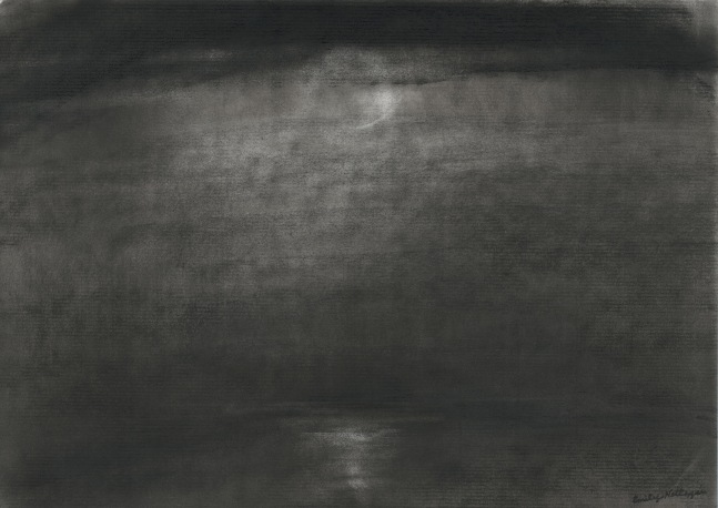 Charcoal landscape drawing of a night sky over the sea, with faint moonlight coming through the clouds and reflecting off the water