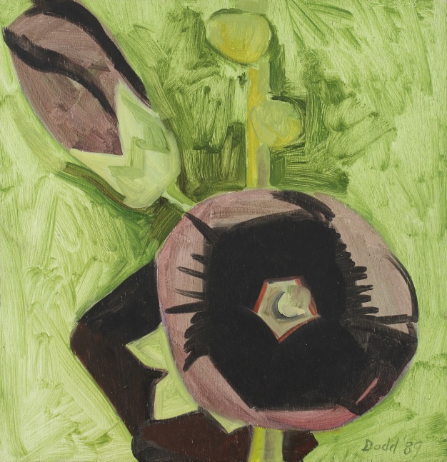 Black Hollyhock + Bud, 1989, oil on wood panel, 12 1/4 x 11 3/4 inches