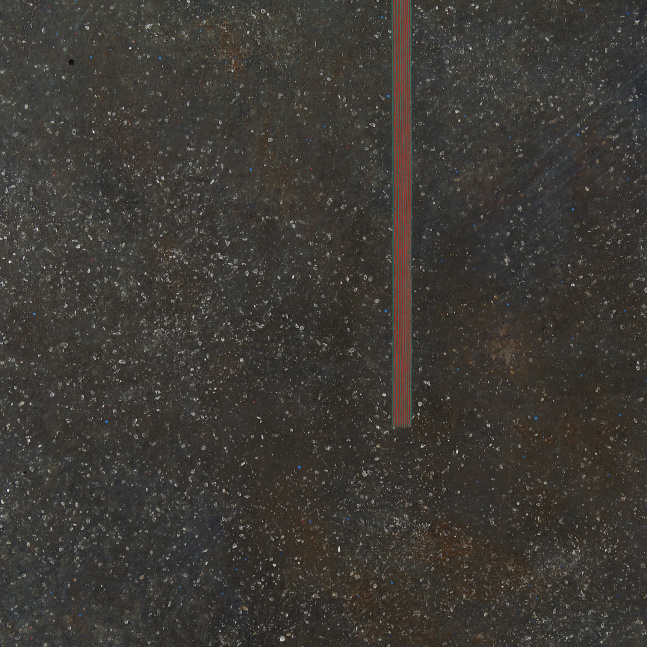 Abstract painting with four red line segments floating over an atmospheric, black and brown surface