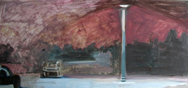 Foggy Night, Parking Lot, Rockland, 2006, oil on Masonite, 9 1/2 x 20 inches