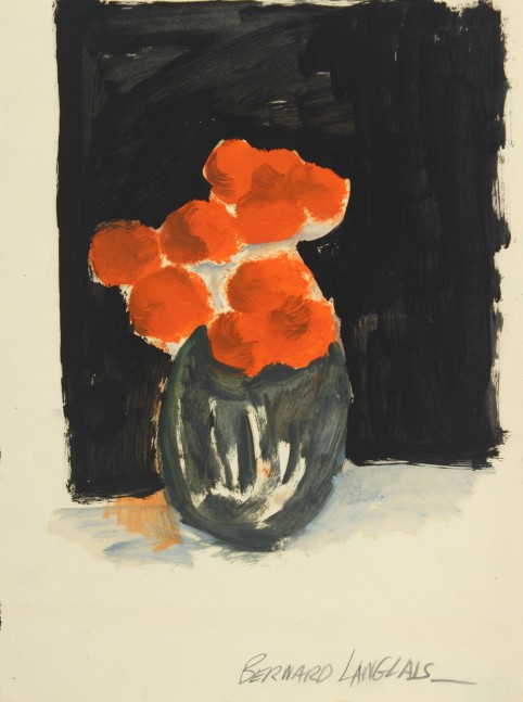 Painting on paper of a vase of red flowers on a white surface with a black background