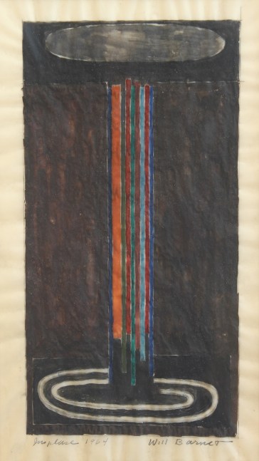 Abstract watercolor painting with blue, orange, green, red and teal lines suspended between two oblong shapes on the top and bottom of the picture plane