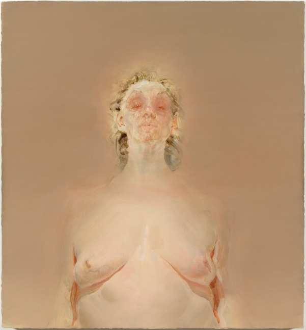 Painting of a nude figure standing against an atmospheric tan background