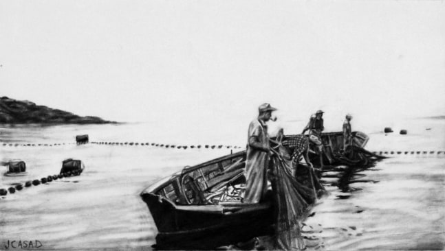 Graphite drawing of three fishermen on small boats casting their nets into the water