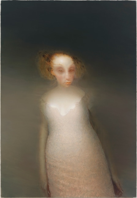 Painting of a figure in a pink lace dress standing against an atmospheric grey background