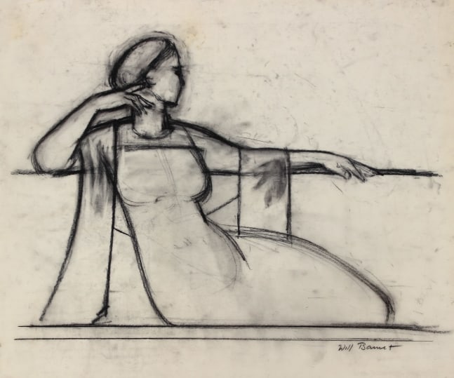 Graphite drawing of a reclining woman looking to the side