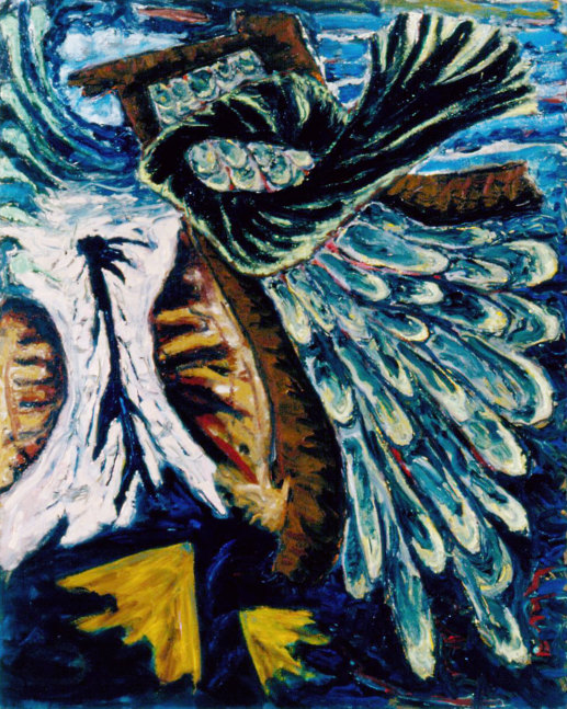 Abstract painting consisting of an arrangement of organic forms in blue, white, brown and yellow