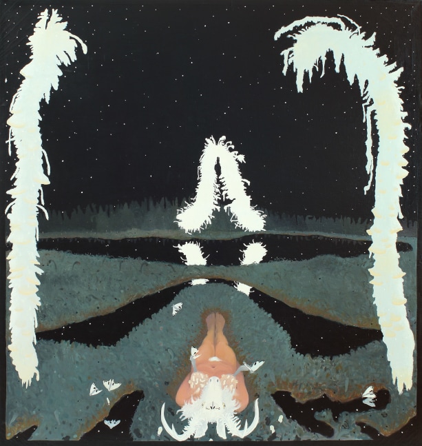 Surreal painting of a figure with a human body and a white moose's head lying on the ground in a nocturnal landscape, with abstract organic white forms in the air
