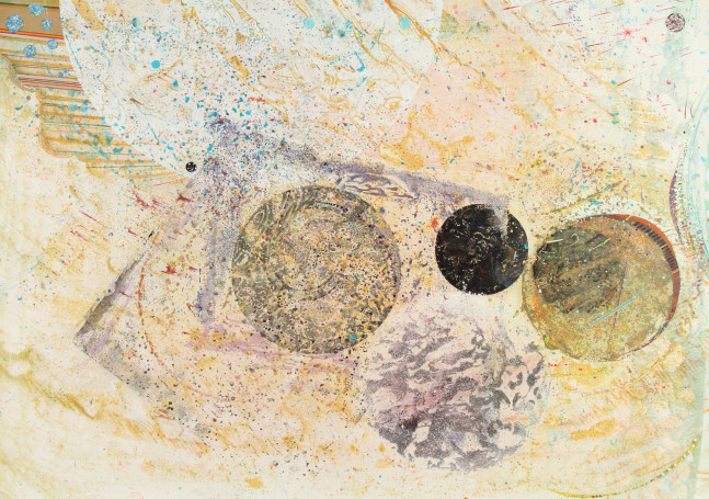 Abstract painting with five circles arranged on a textured off-white surface with washes of yellow and green