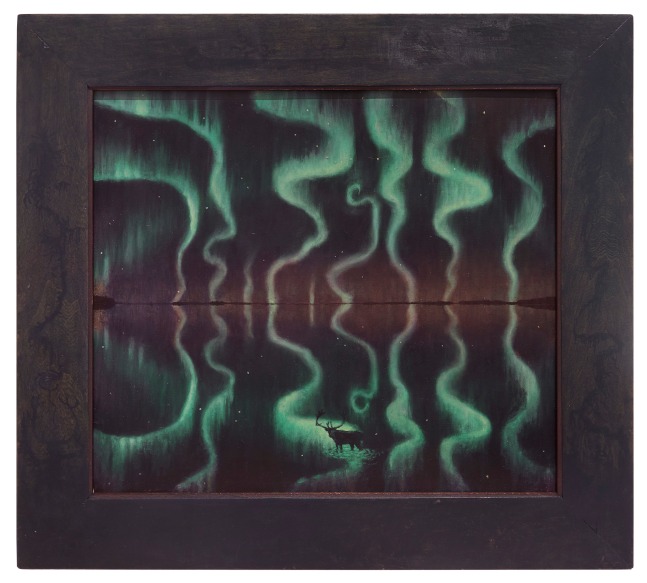 Odaapinan, 2025, oil on rag board, 18 1/2 x 20 1/2 inches, including artist&amp;#39;s hand painted frame