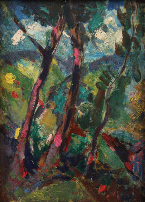 Modern, abstracted landscape with three dark trees surrounded by exaggerated hills