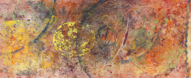 Abstract painting with yellow, orange, blue and white lines and shapes intersecting over a bluish pink ground