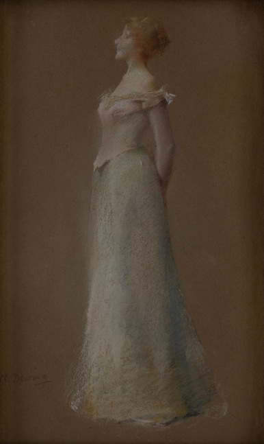 Thomas Wilmer Dewing, Harmony in Rose and Gray, c. 1894 -95, pastel on light brown paper, 10 x 6 inches