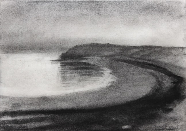 Charcoal landscape drawing of a curving shoreline meeting the sea
