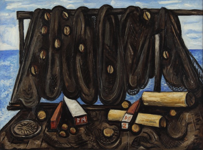 Marsden Hartley, Dry Nets and Lobster Buoys (Lobster Buoys and Nets), 1936, oil on Academy Board, 18 1/2 x 24 inches
