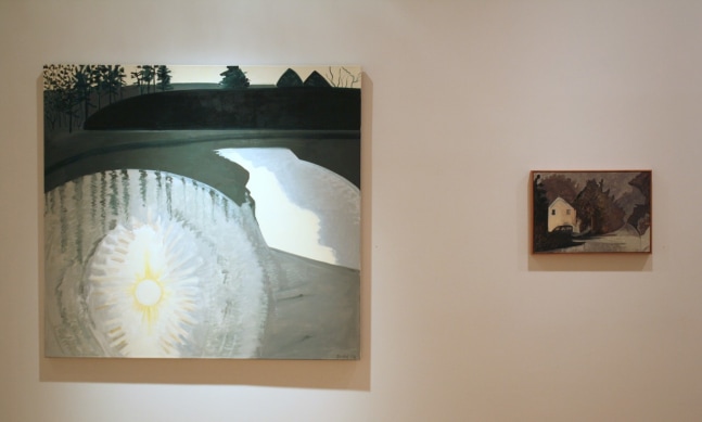 Photograph showing a view of an exhibition, with one small painting and one larger painting hanging on a white wall