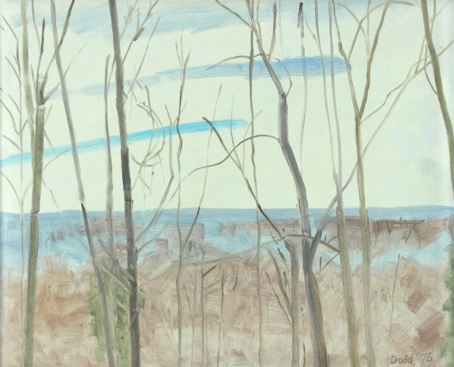 Painting of bare trees in a winter landscape