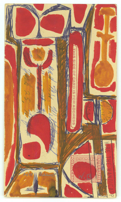 Abstract painting on paper consisting of an arrangement of forms and lines in yellow, red, and blue on an ivory ground, with partially obscured text that reads &quot;This side of card is for address&quot;