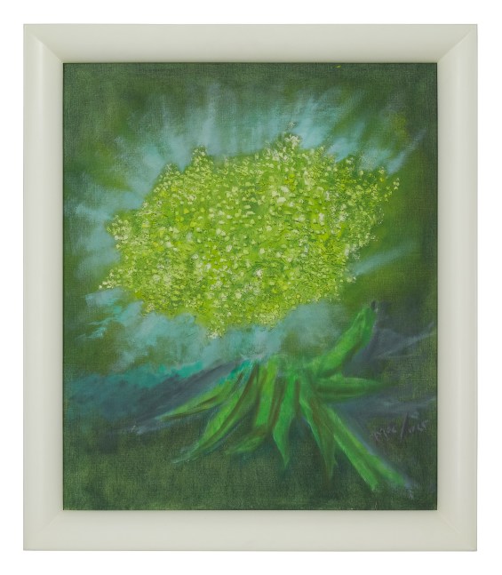 Painting of a bright green, radiant flower on a soft green background