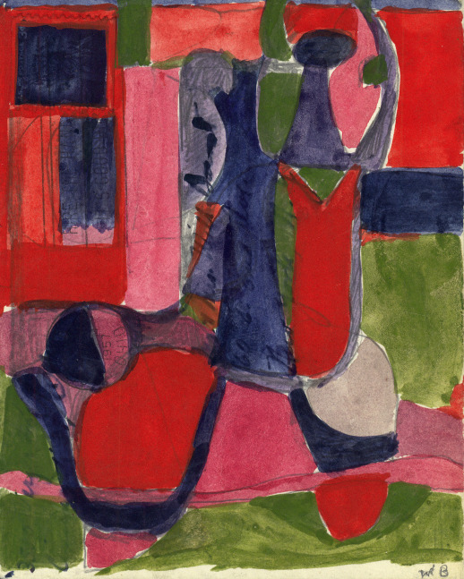 Abstract painting on paper consisting of geometric forms in red, pink, green, orange and blue