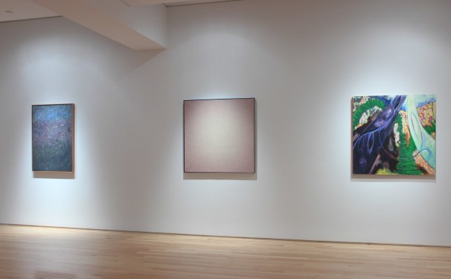 Photograph showing a view of an exhibition space with three paintings hanging on a white wall