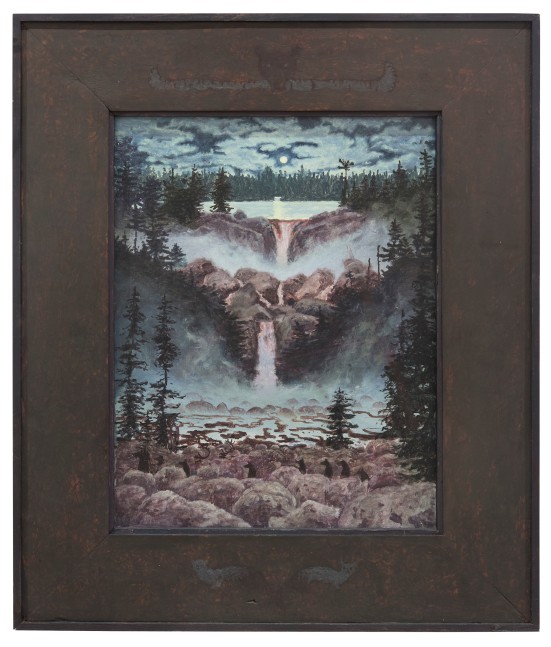 Okawitoon, 2025, oil on rag board, 16 3/4 x 14 1/4 inches, including artist&amp;#39;s hand painted frame