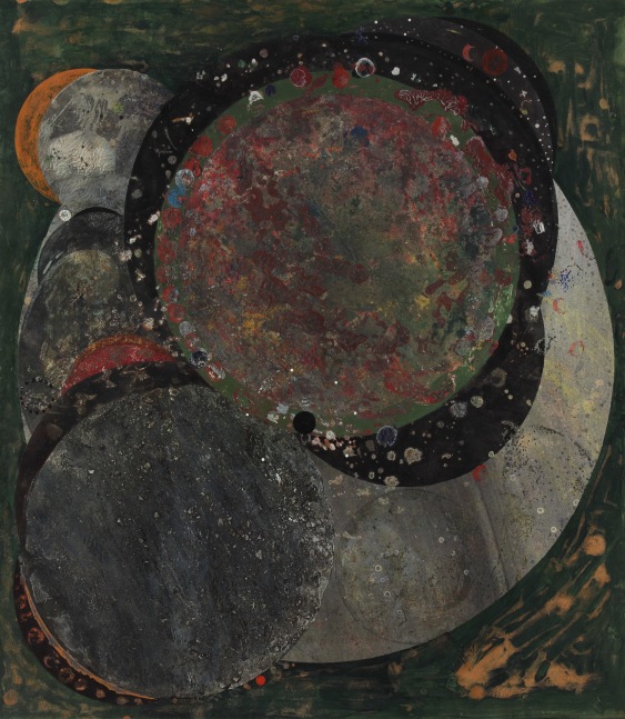 Abstract painting with multiples circles arranged and layered on the canvas, in textured grey, black, green, brown, orange, and red