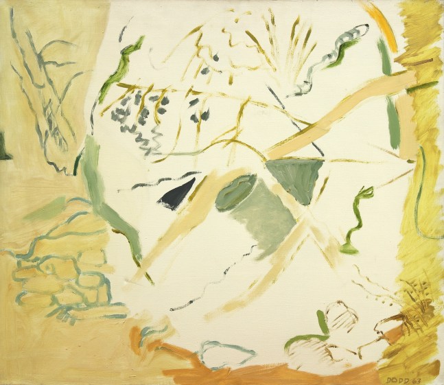 Painting of abstracted organic forms intersecting over a field of white in the center