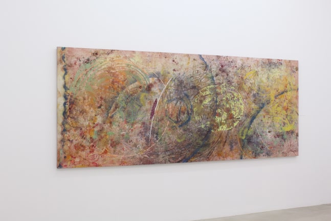 Photograph showing a view of an exhibition space, with one large painting hung on a white wall