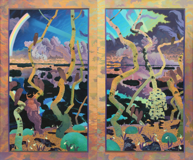 Surreal diptych with mythical creatures in a psychedelic landscape with tree trunks covered in eyes throughout