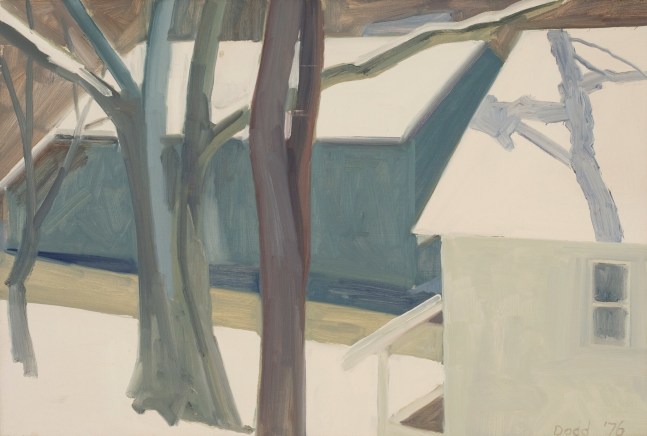 Painting of two buildings in a snowy landscape, with bare trees in the foreground